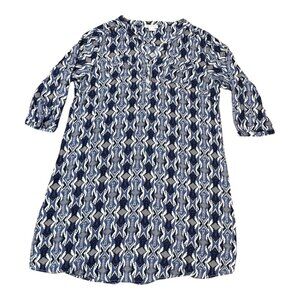 Ariat Womens XL Navy Geometric Print Tunic Dress 3/4 Sleeves Blue & White Cotton
